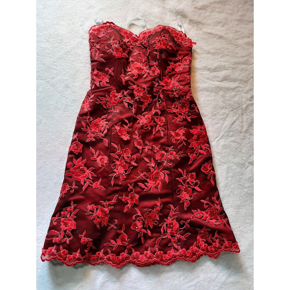 Hannah S Red Dress Size 2 Floral Embellished Sleeveless Strapless 30" Long NEW